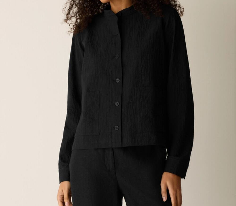Eileen Fisher Organic Cotton Pucker Mandarin Collar Shirt Jacket Womens Medium